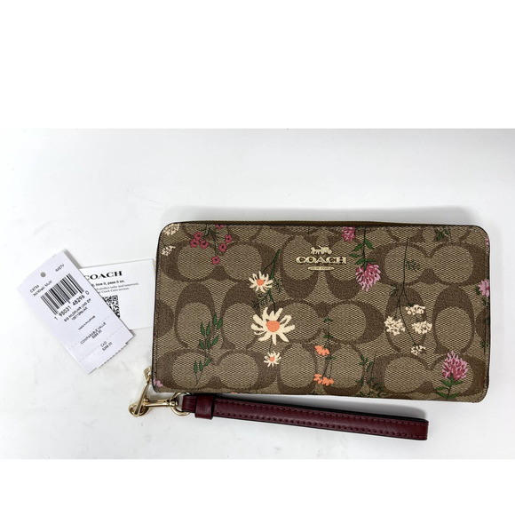 New Coach Leather Long Zip Around Wallet Signature Canvas In Wildflower Print - Picture 3 of 8